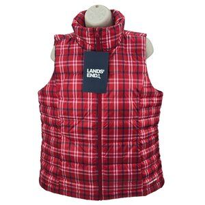 Lands' End Puffer Vest Women's Medium 10-12 Red Plaid 600 Allied Feather + Down‎